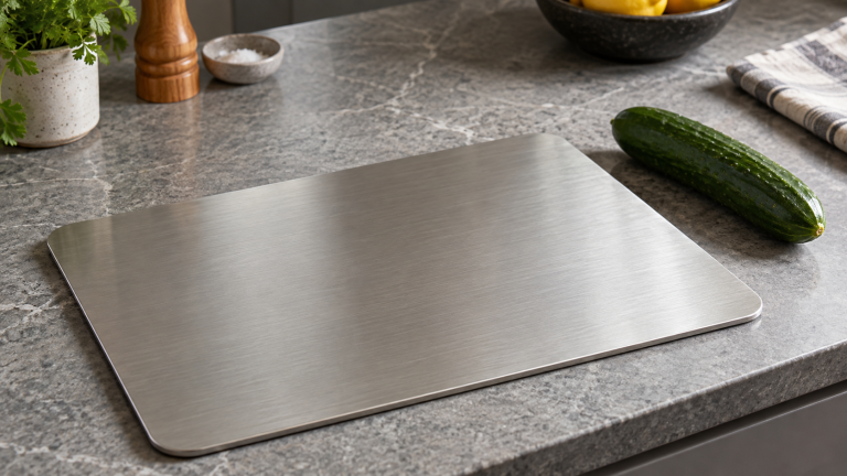 Plain metal cutting board on a kitchen counter