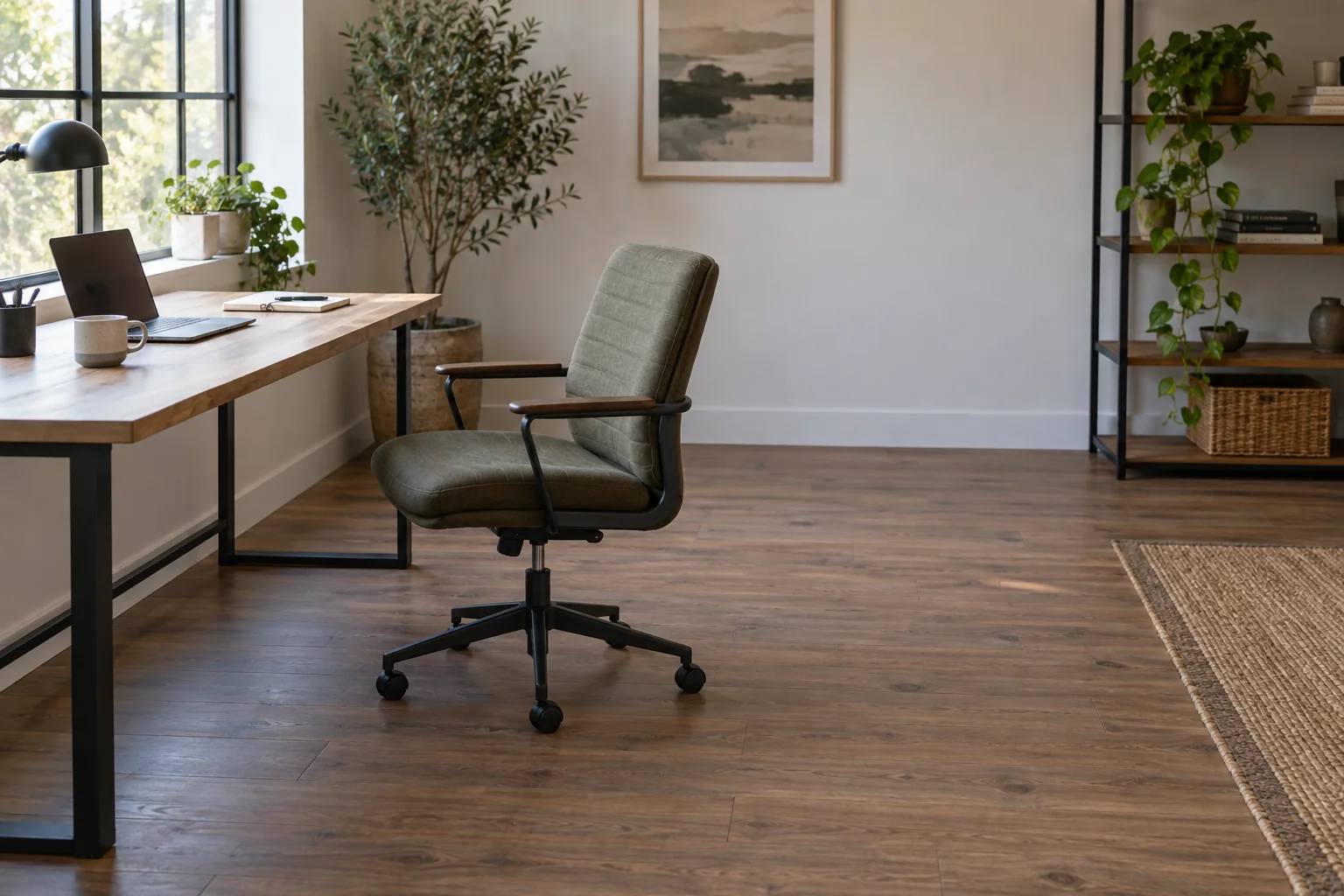 Office chair pulled back from a simple desk with clear floor space behind it