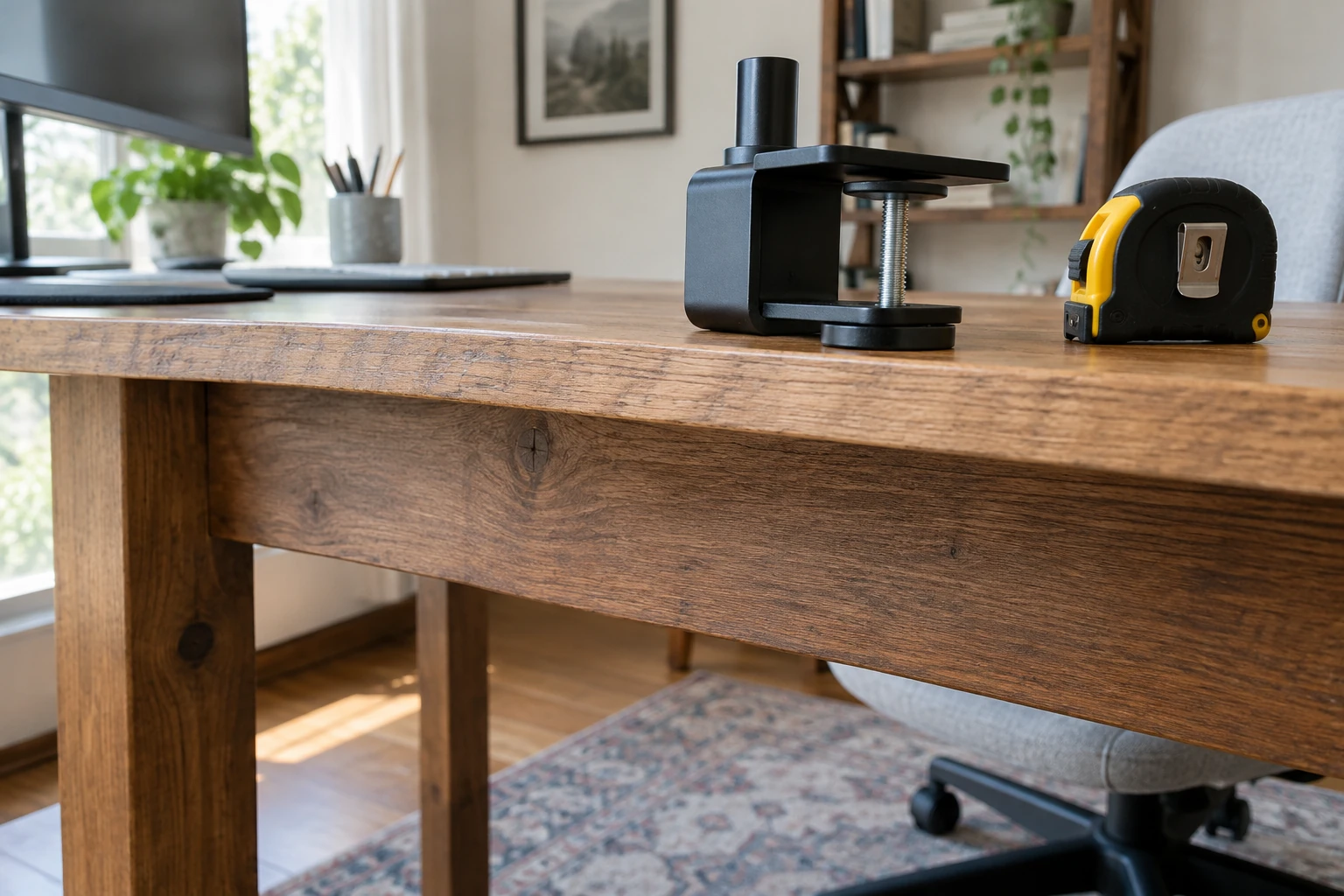 Wooden desktop with an apron, an unattached monitor clamp and a tape measure
