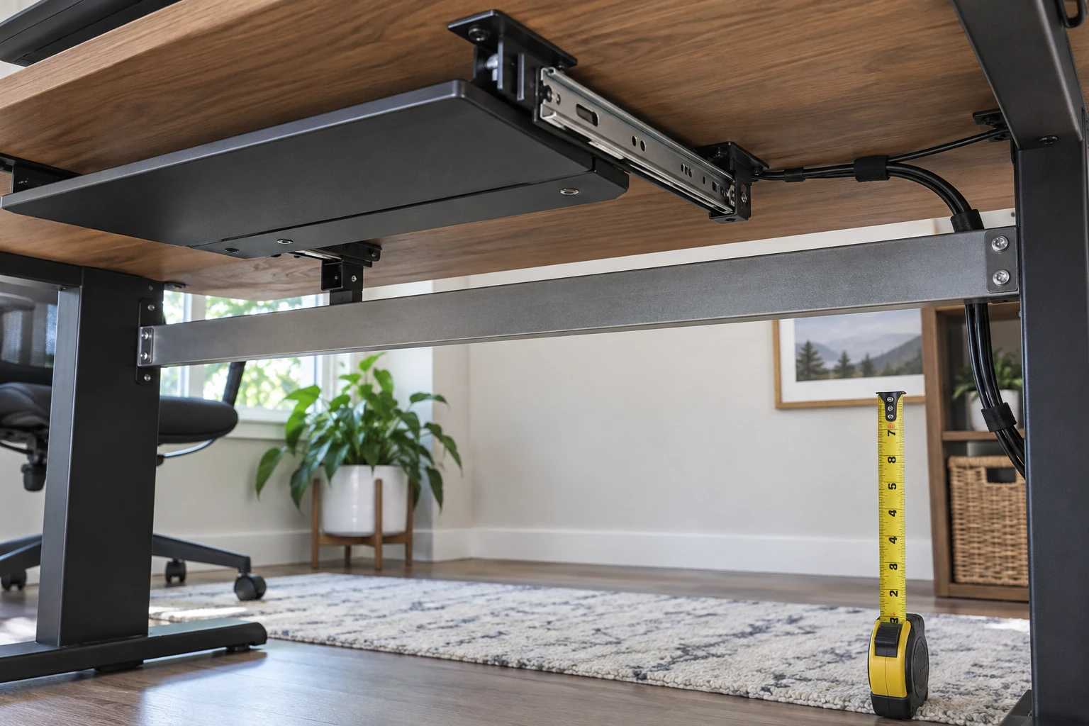 Underside view of a desk with a keyboard tray track and rear crossbar beside a measuring tape