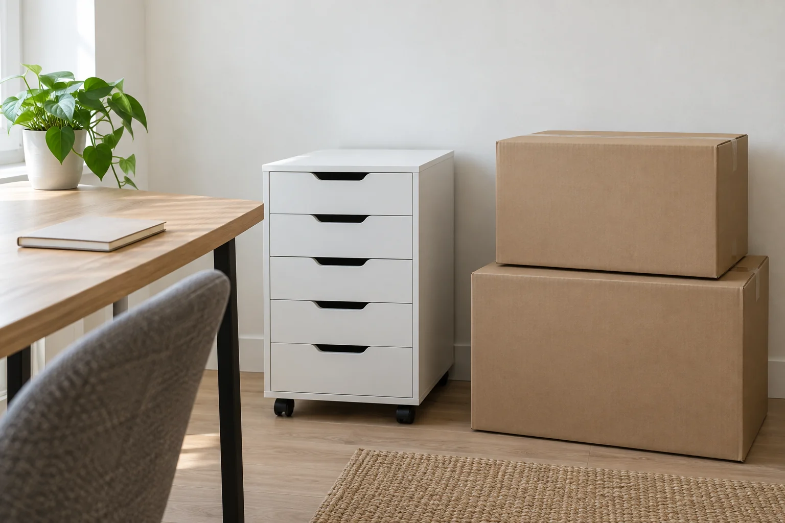Office drawer cabinet beside flat-pack cartons and a planning notebook