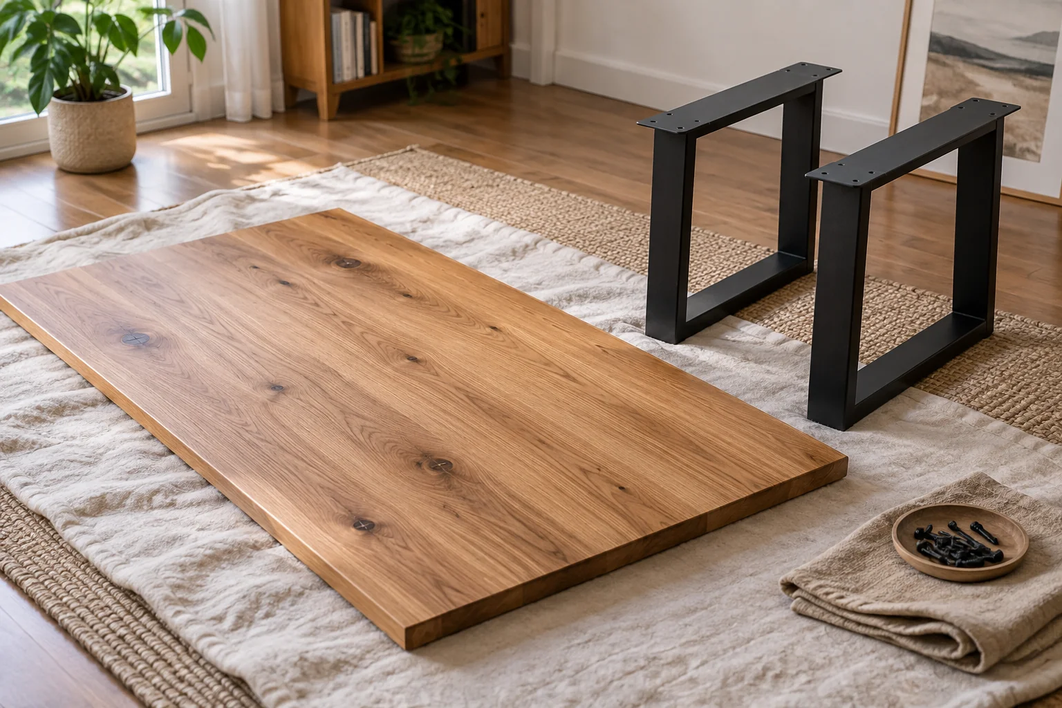 Detached wooden tabletop lying flat on padding beside separate desk legs