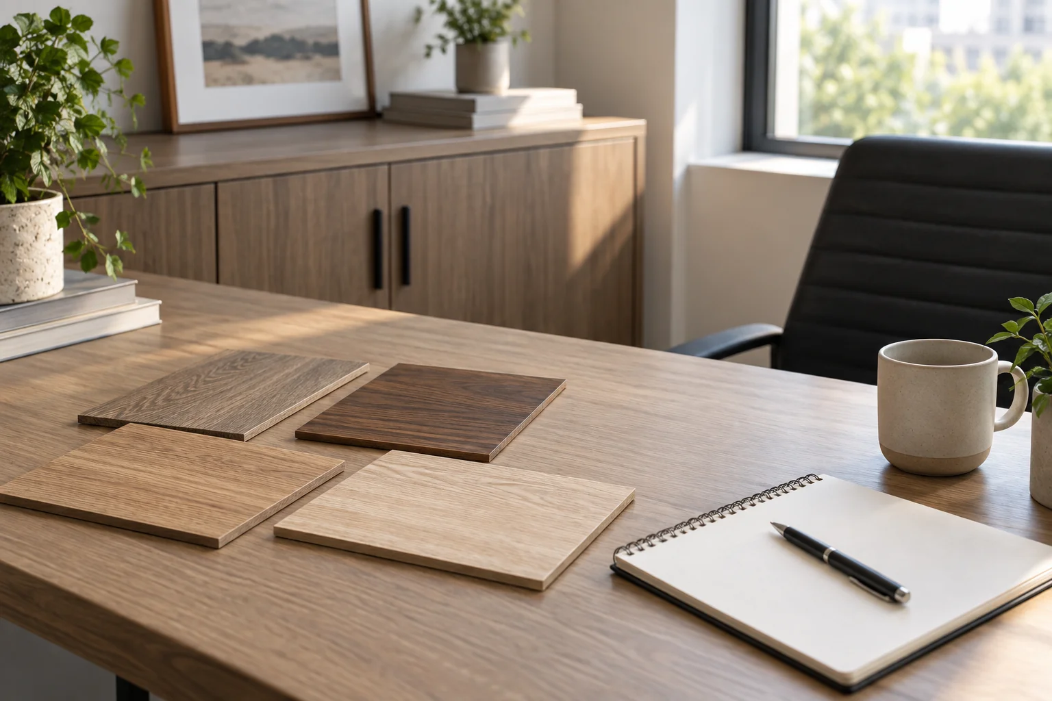 Finish samples beside office furniture and a notebook