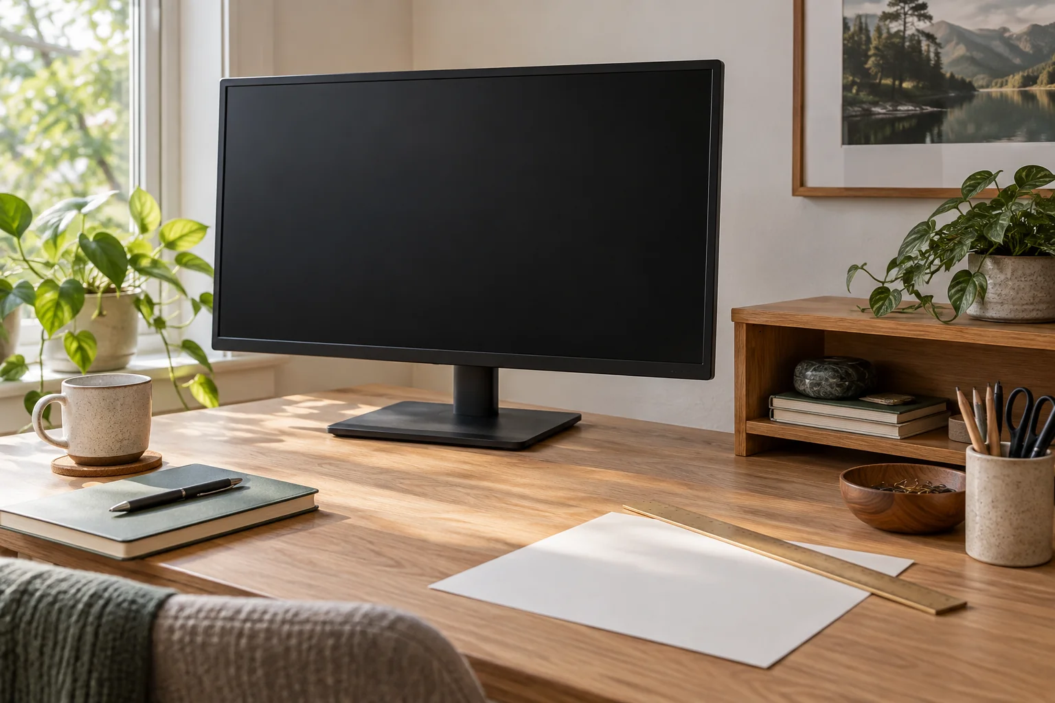 Monitor on a broad base beside a separate wooden desk shelf, plain paper and ruler