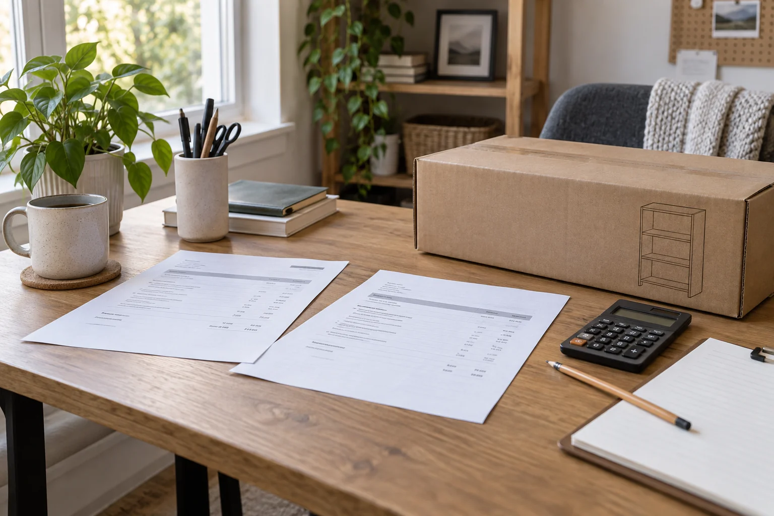 Two quote sheets beside a clipboard, calculator, and flat-pack carton