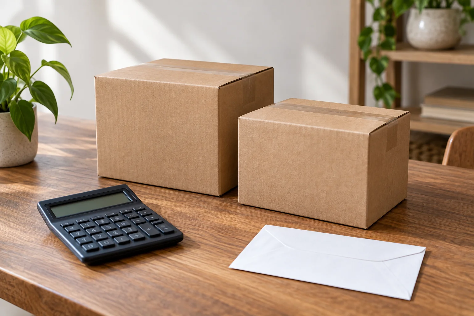 Two closed plain cardboard cartons beside a calculator and a blank envelope