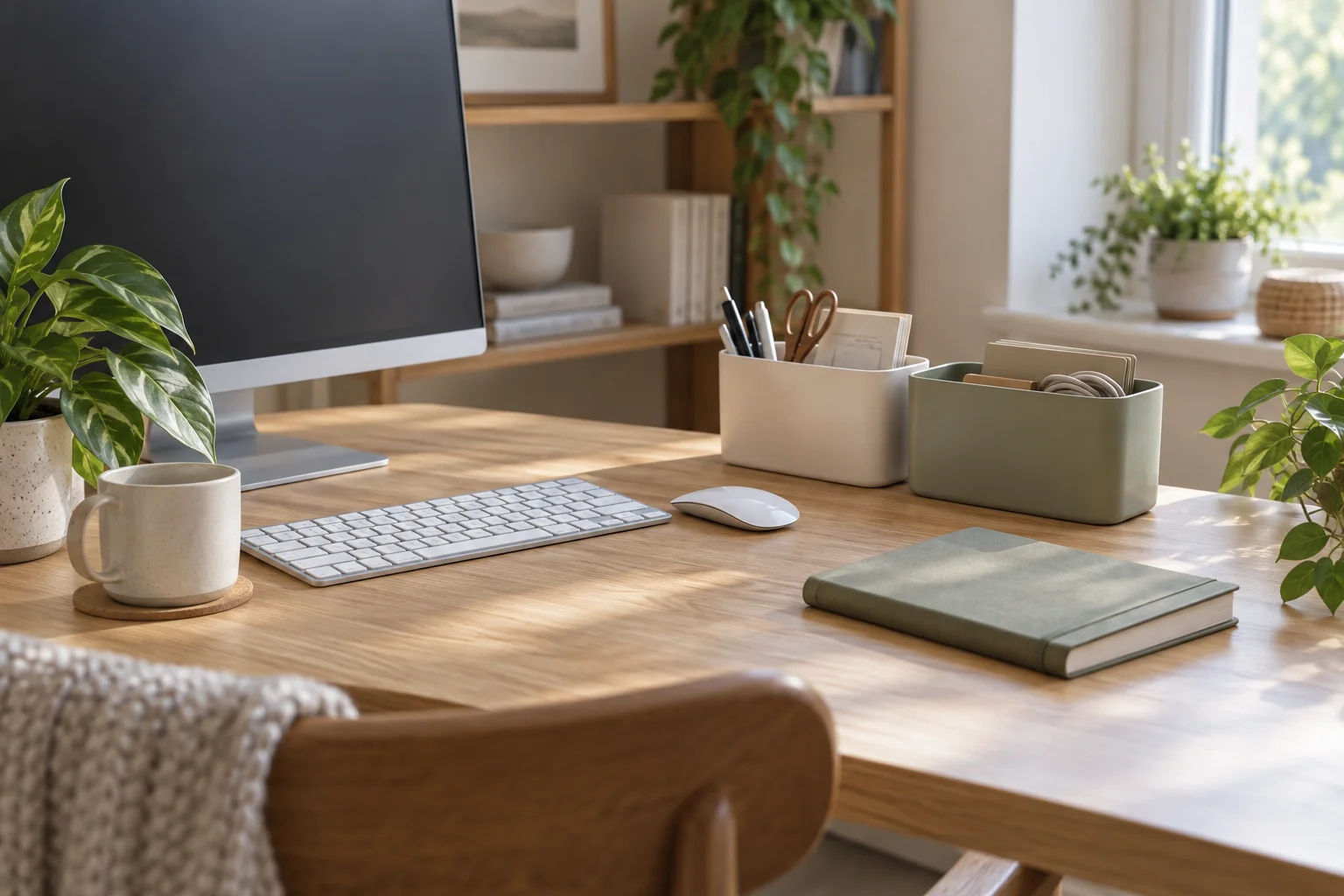 Tidy office desk with a keyboard, mouse and two plain personal storage caddies