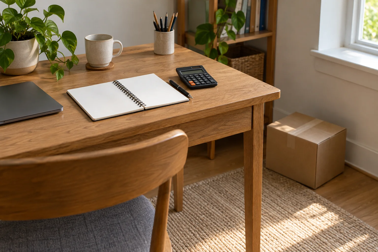 Calculator and blank planning notebook on a home office desk