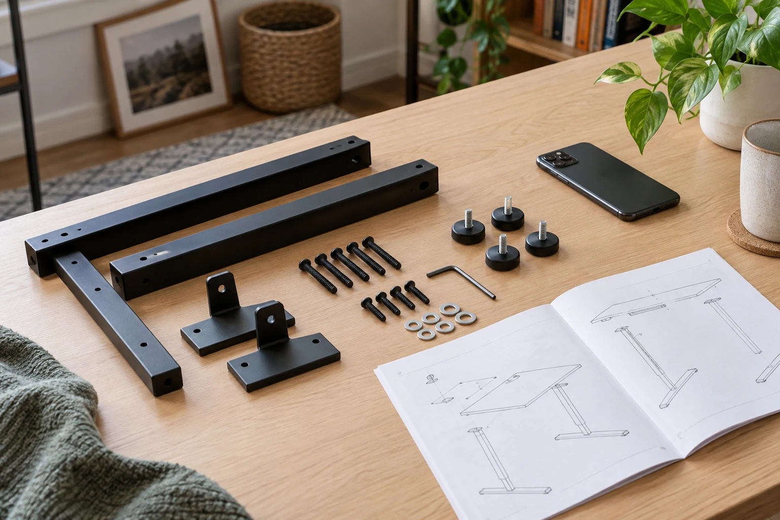 Desk assembly hardware sorted beside an instruction booklet and phone