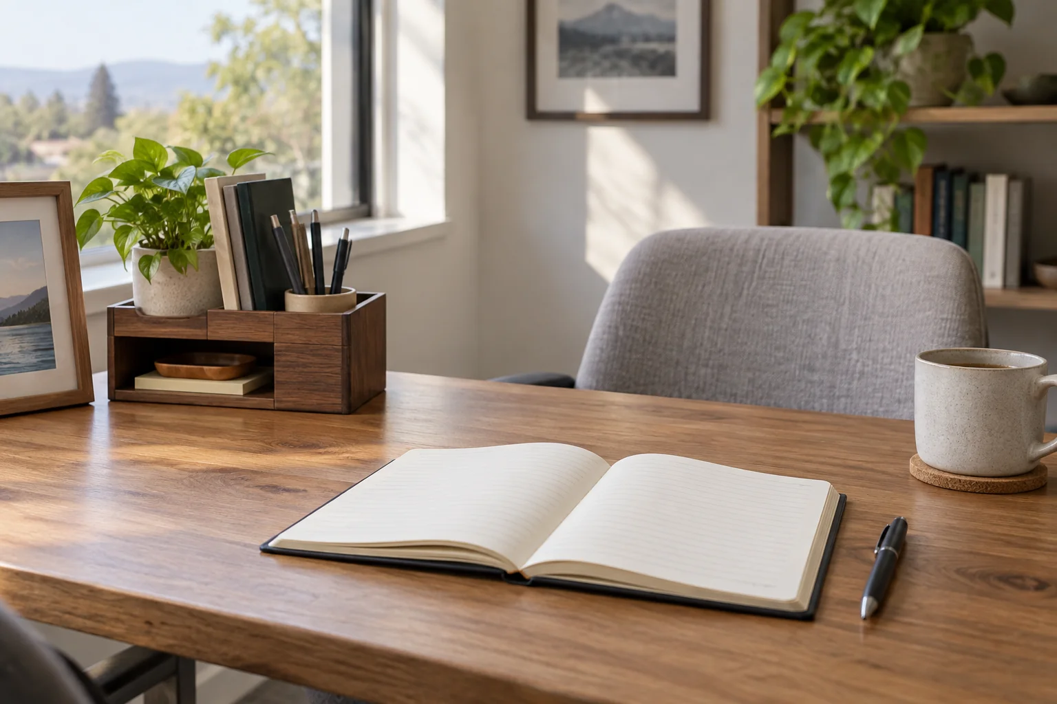 Open notebook and small organizer on a clear desktop