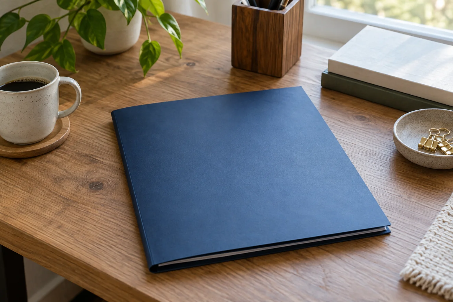 Closed blue folder resting on a wooden desktop