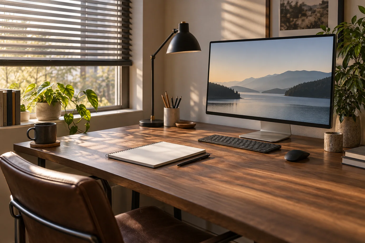 Desk and monitor beside a side window with partially closed blinds and a blank notebook