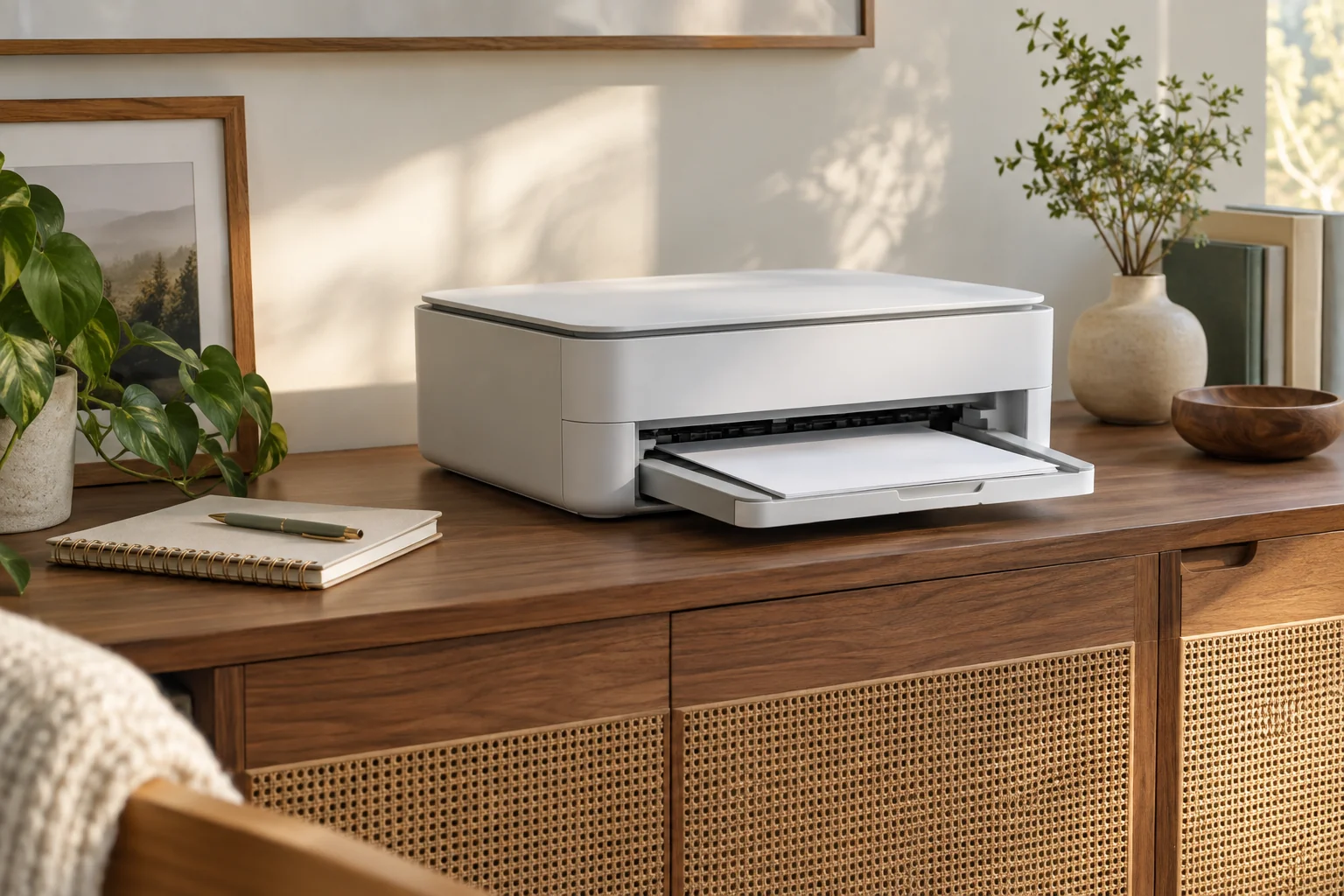 Compact unbranded printer on an open cabinet top with its front paper tray extended and a notebook nearby
