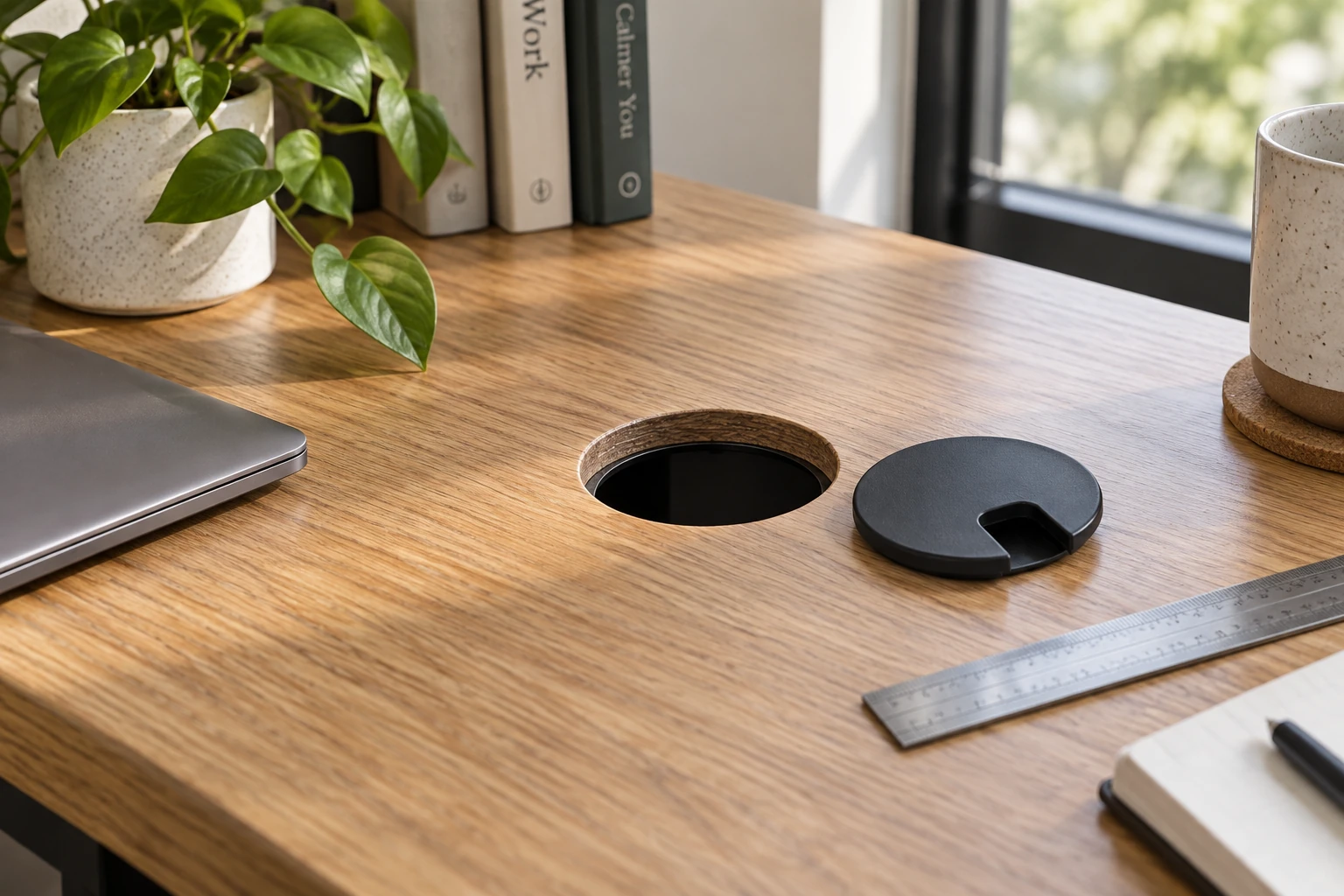 Desk cable opening with a removable round cover and a ruler nearby