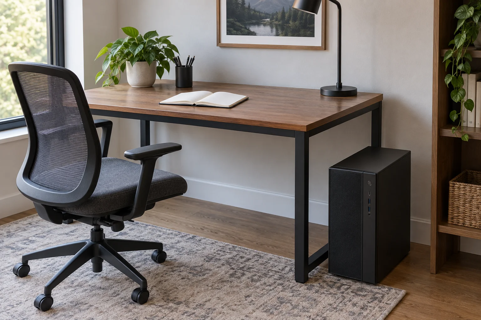 Generic desktop computer tower standing beside a desk with a blank notebook on top