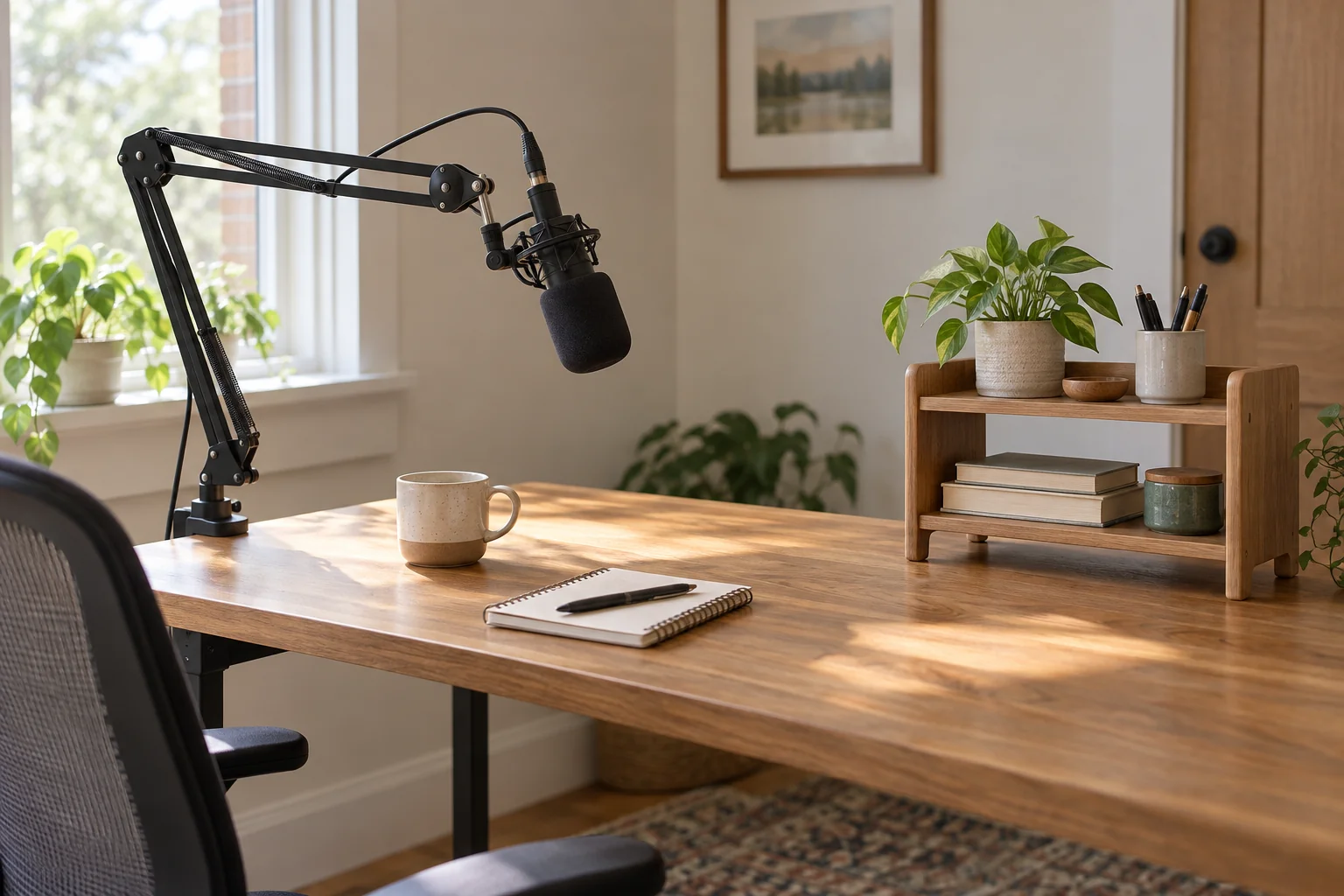 Generic microphone on an articulated desk arm beside a freestanding desktop shelf