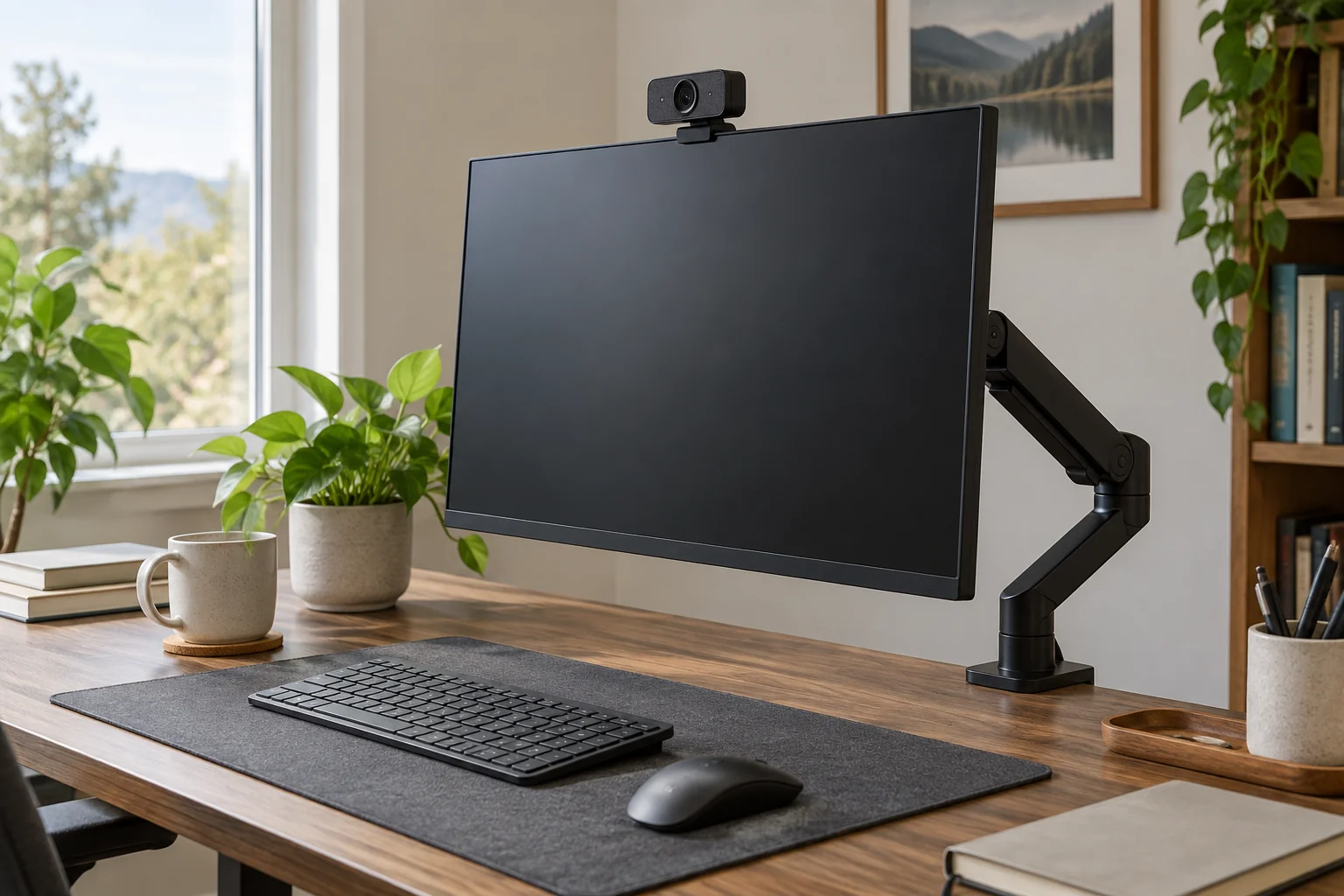 Generic webcam atop a blank monitor on an articulated arm above a tidy desk