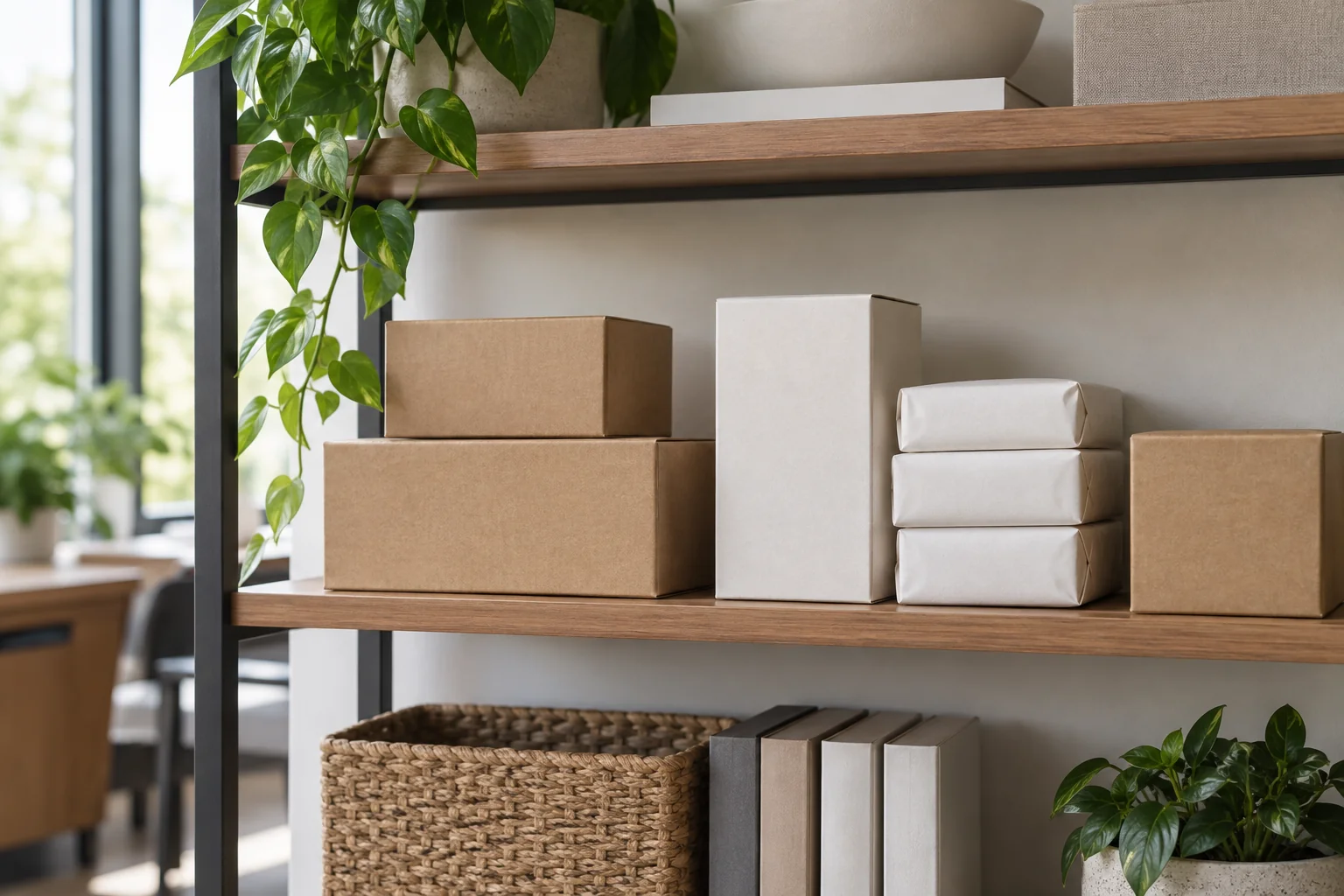 Unopened plain consumable boxes and wrapped paper on an interior office shelf
