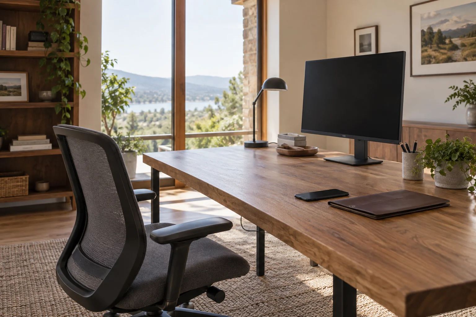Home office furniture with a phone and document folder on the desk
