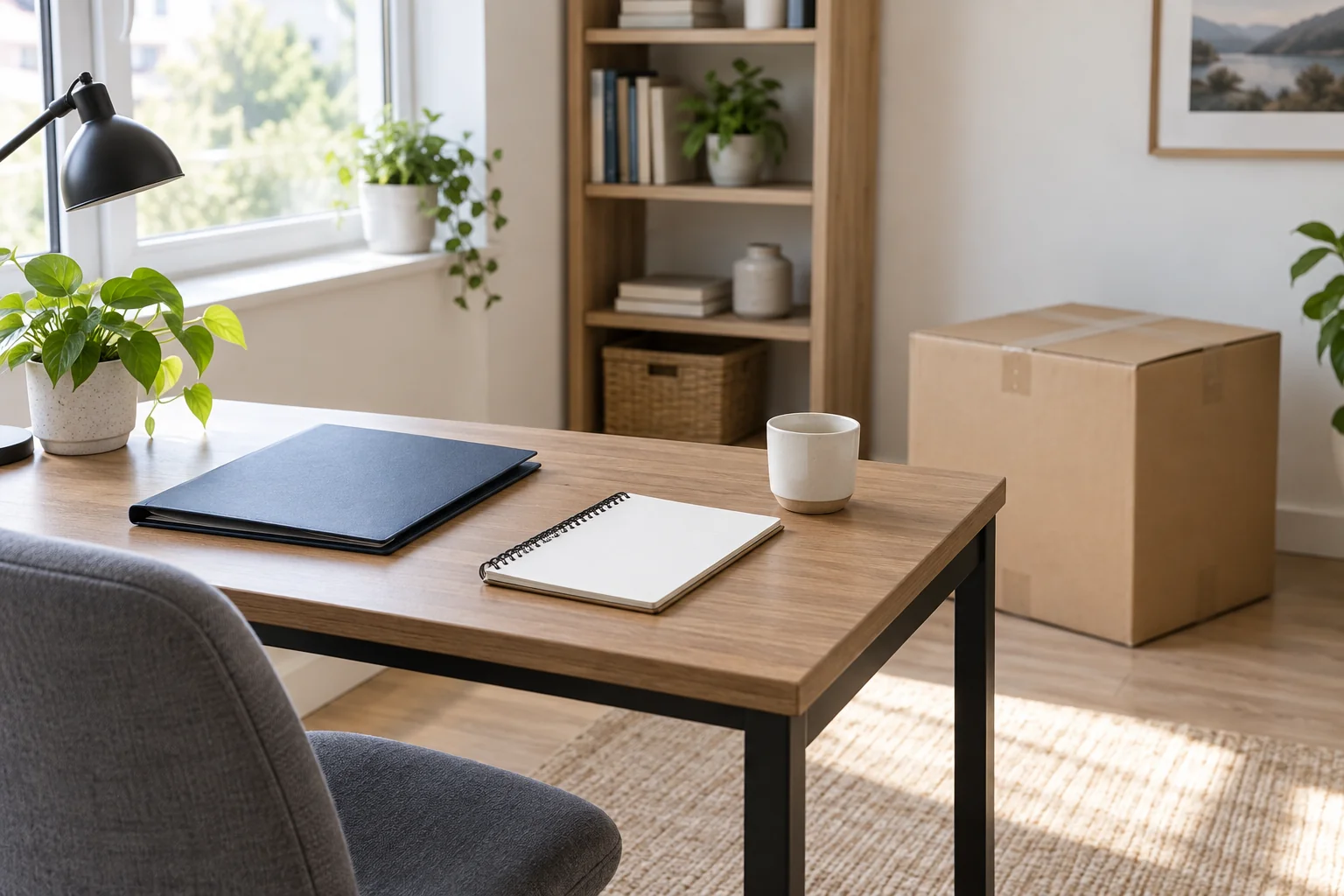 Office desk with a document folder and notebook beside a moving carton