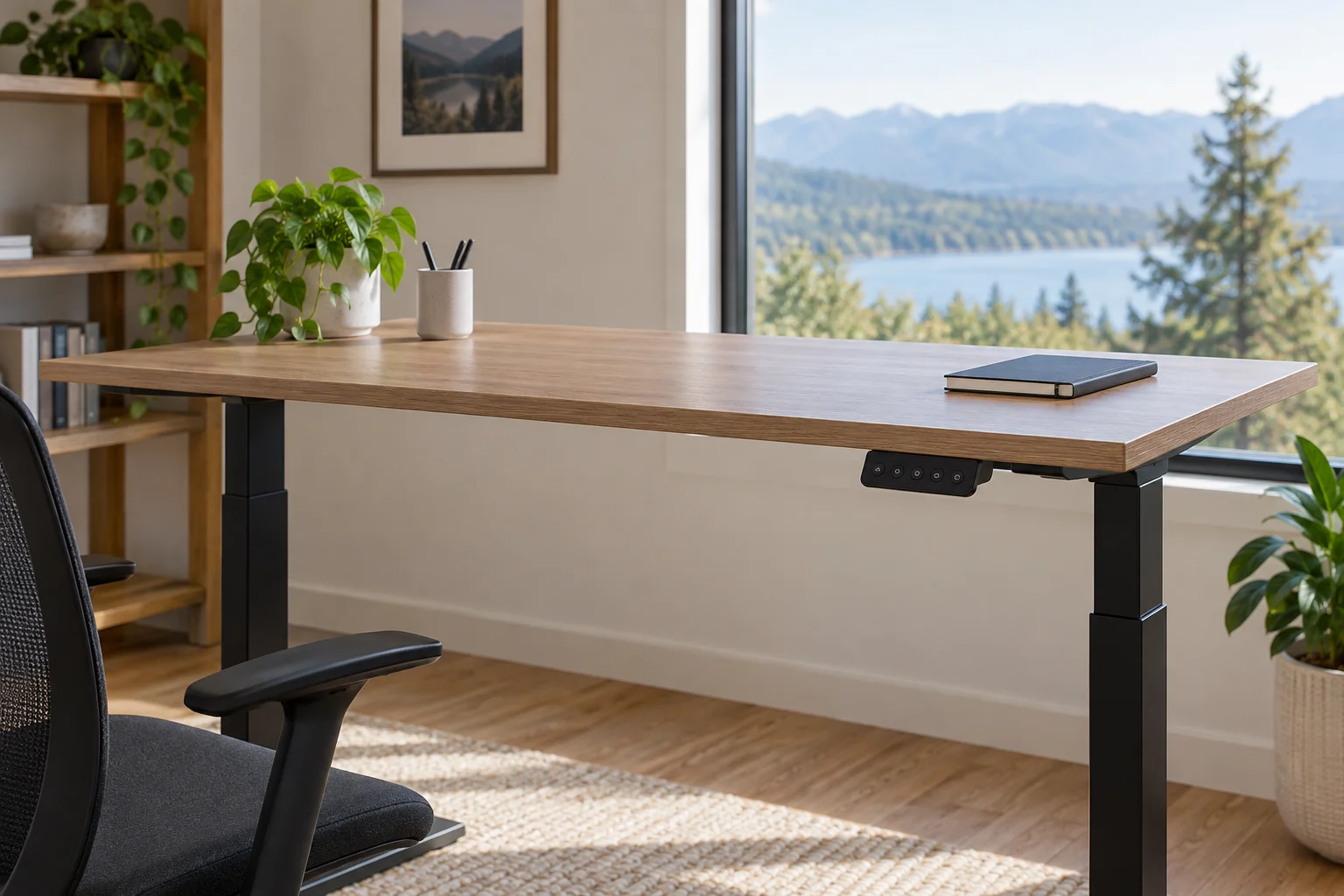 Standing desk with a dark keypad beneath its front edge and a notebook on top