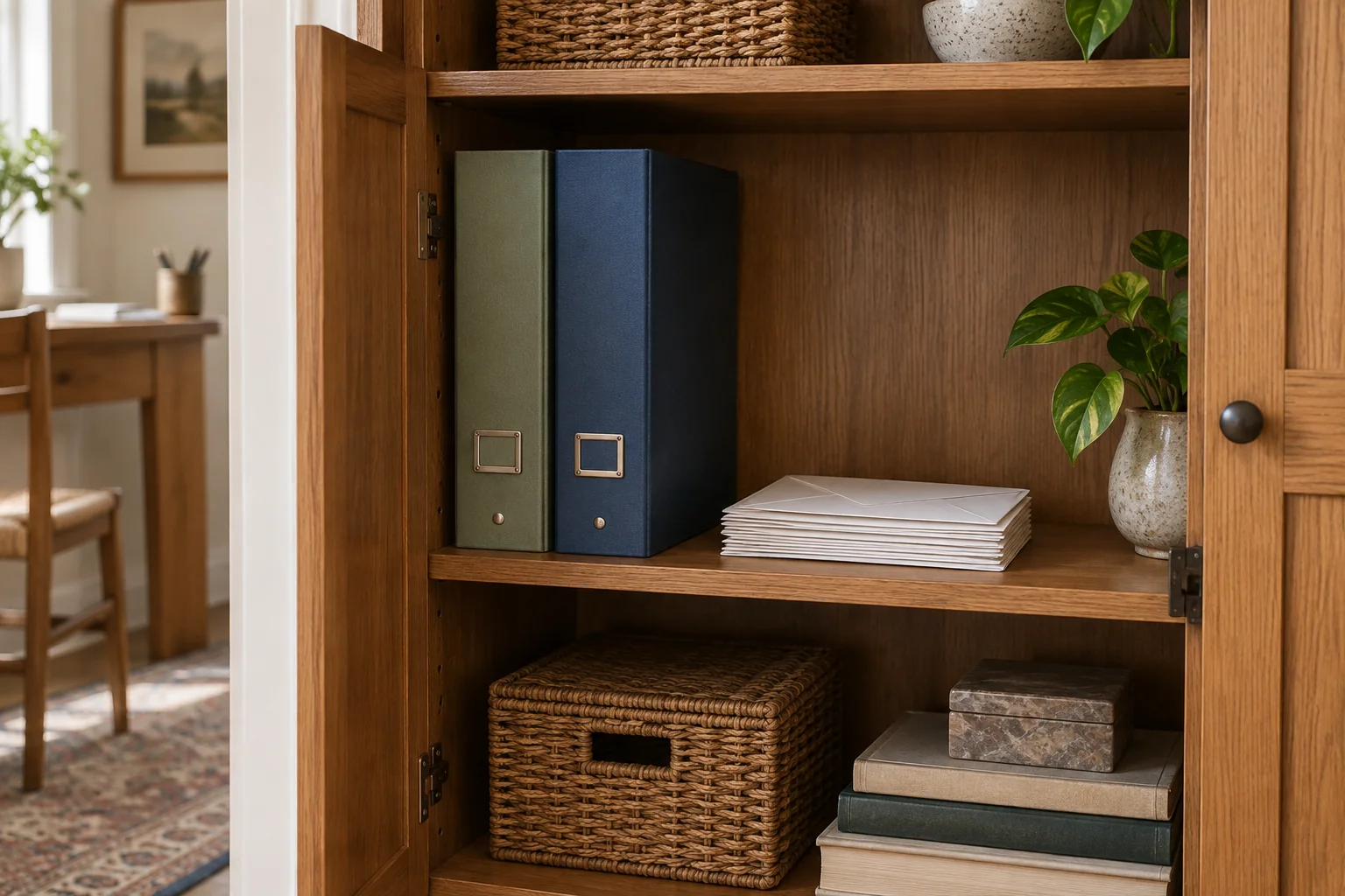 Two upright ring binders inside a wooden cabinet beside plain envelopes