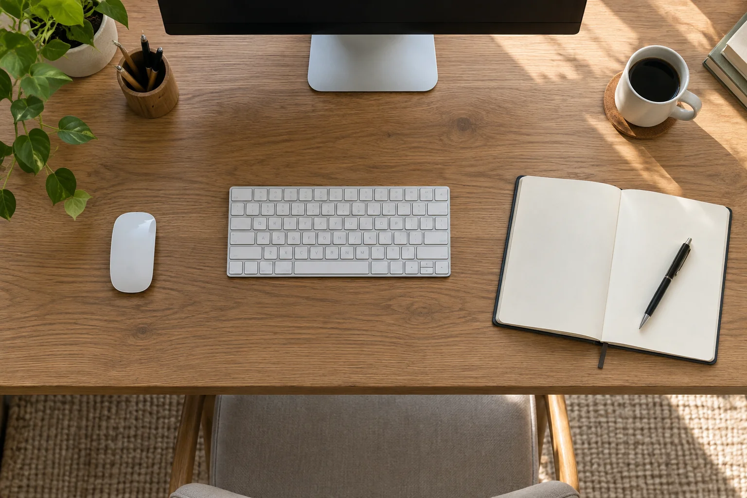 Keyboard with a mouse on the left and an open notebook on the right of a desk