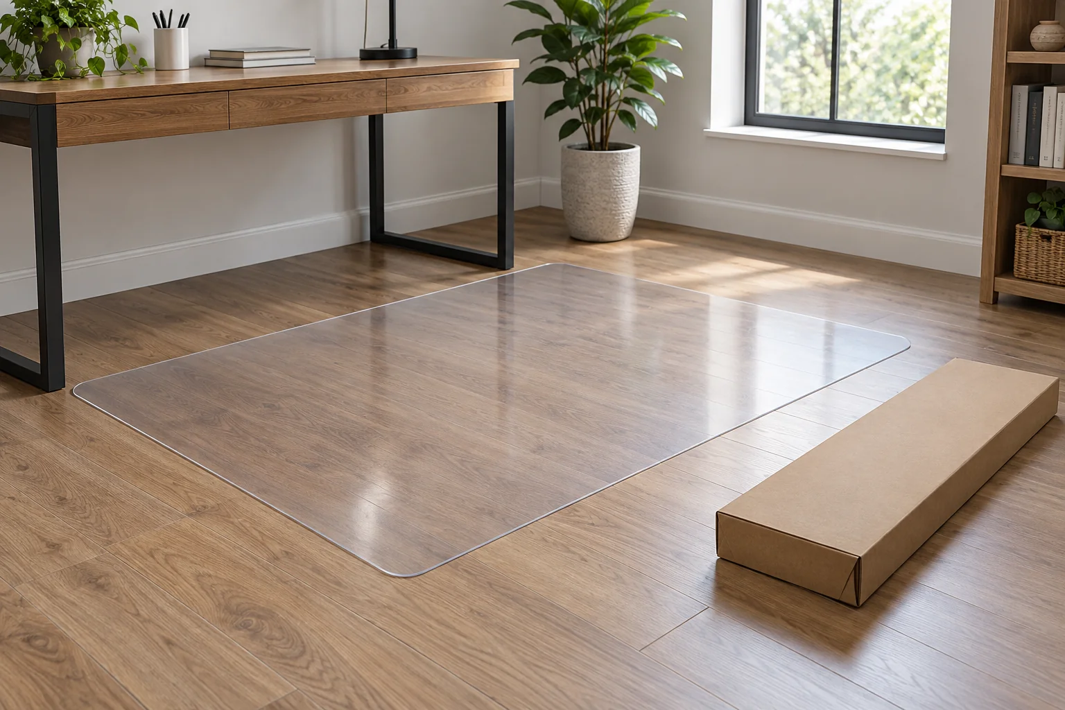 Flat clear chair mat on a home office floor beside a cardboard sleeve