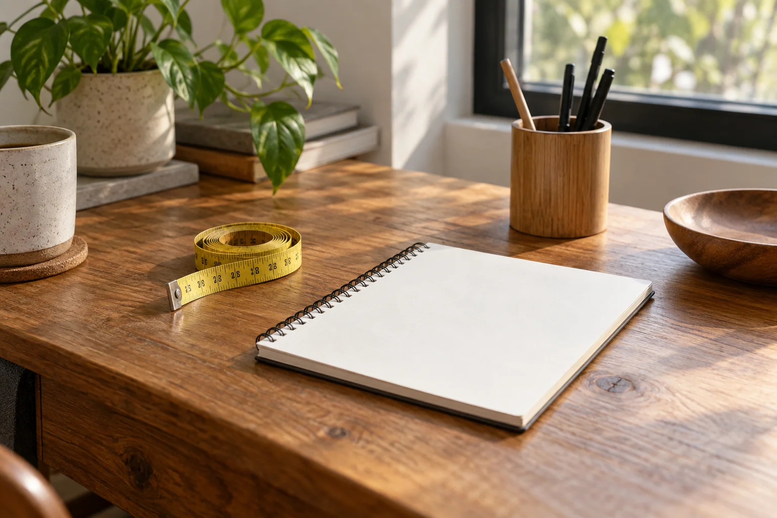 Close view of a wooden desktop with a coiled tape measure and a blank notebook